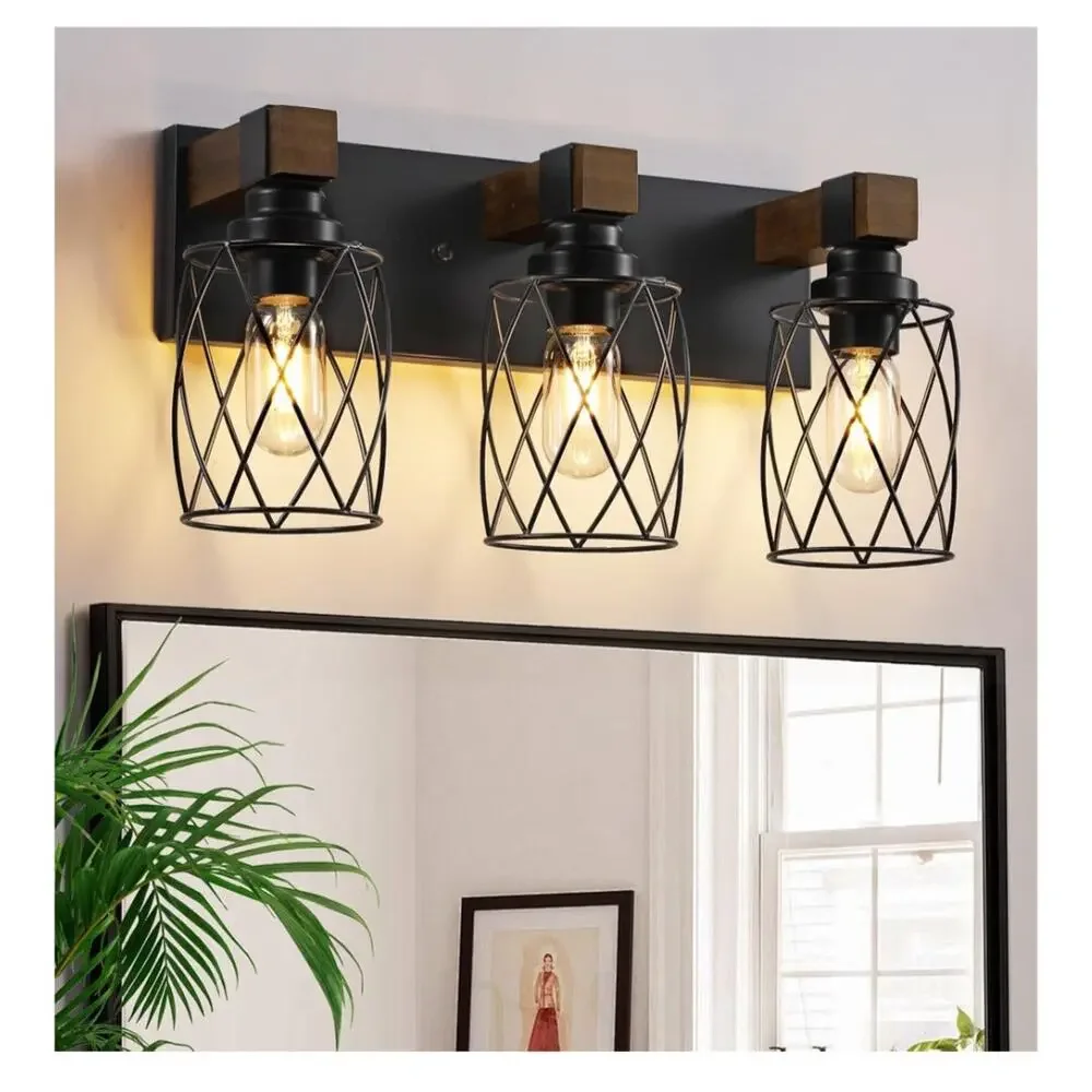 XvmBvm 3 Light Farmhouse Vanity Light Rustic Wood Black Metal E26